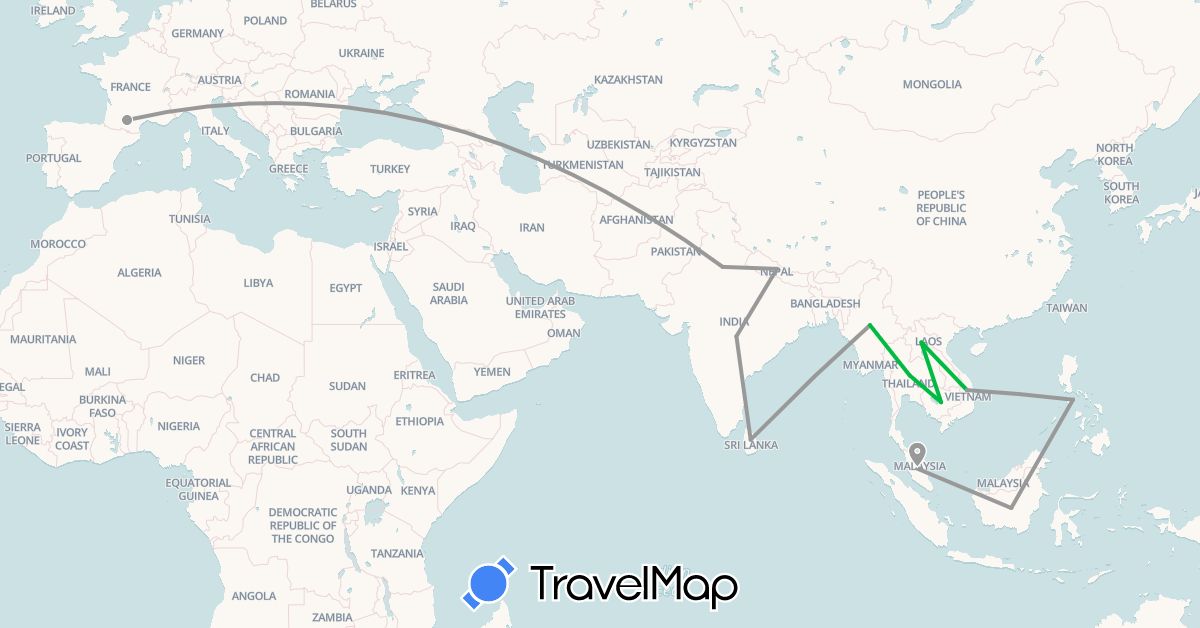 TravelMap itinerary: driving, bus, plane in France, Indonesia, India, Cambodia, Laos, Sri Lanka, Myanmar (Burma), Malaysia, Nepal, Philippines, Thailand, Vietnam (Asia, Europe)
